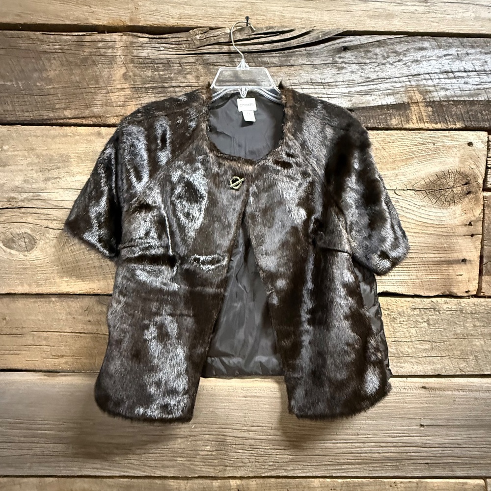 Chico's Short Sleeve Faux Fur jacket, brown, Chico size 0 (small)